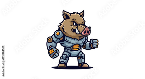 A cartoonish boar character, with an angry expression, in robotic armor standing on a white background