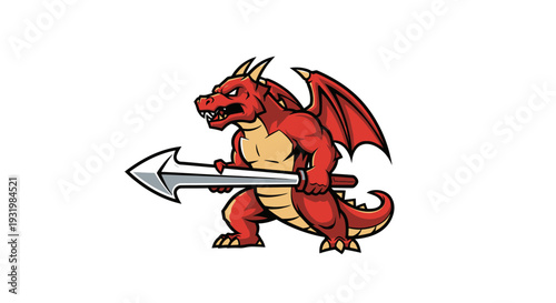 Red cartoon dragon wielding a large, silver spear, set against a stark white backdrop