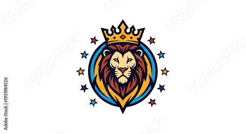 A regal lion icon, encircled by stars, and topped with a crown, set against a white background