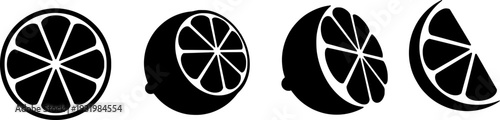 Black and White Lemon Citrus Slice Icon Set Vector Illustration