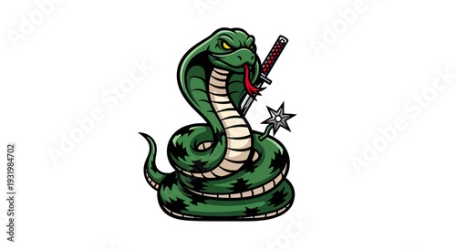 A coiled green cobra with a katana and shuriken, depicted in a cartoon style