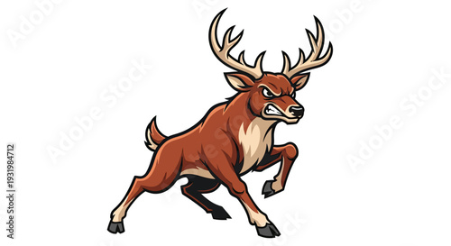 Cartoon deer with antlers, snarling aggressively, mid-leap pose against white background