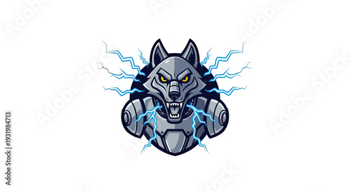 A robotic wolf with glowing eyes and lightning bolts on white background