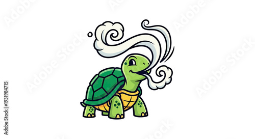 Cartoon turtle exhales white puffs, smiling, green shell and body, on a white background