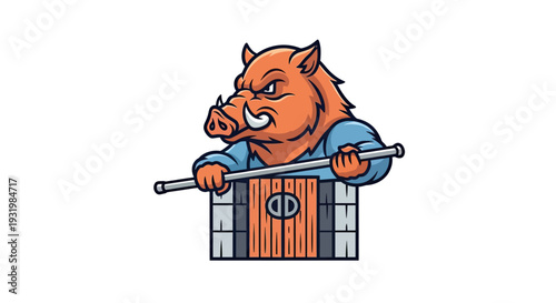 Cartoonish boar character with an aggressive expression holding a metal bar, emerging from a structure