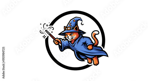 Cartoon cat wizard in a blue robe holding a wand, inside a black circle
