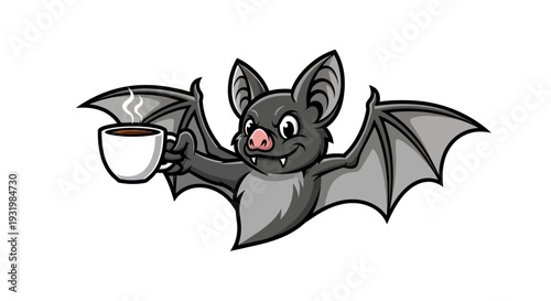 Cartoon bat with large wings holding a steaming coffee cup. Grinning at viewer