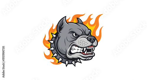 Illustration of an angry dog head in flames, wearing a spiked collar, isolated on white