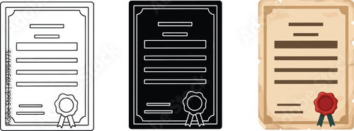 Collection of certificate icons including outline silhouette and vintage parchment styles representing achievement and recognition