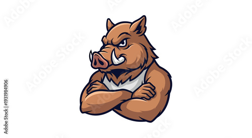 A fierce cartoon wild boar with crossed arms and a determined expression
