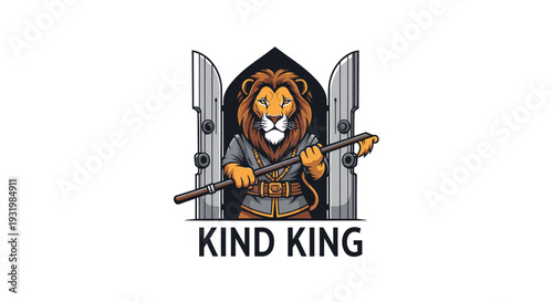 A regal lion, wielding a staff, stands within a doorway, "Kind King" text below