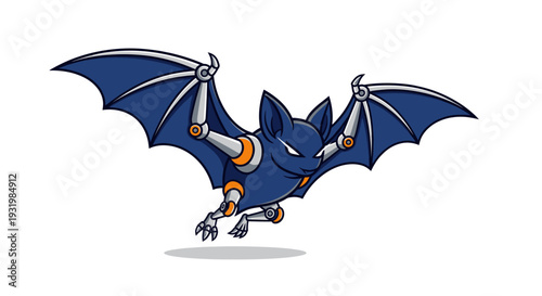 Stylized illustration of a robotic bat in flight. Dark blue body, gray/orange accents, white background