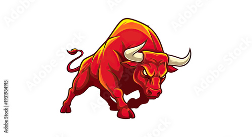 A stylized, vibrant red bull in a charging stance against a white background. It's muscular and intense