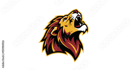 A stylized lion's head roars upwards, rendered with bold lines and colors, against white