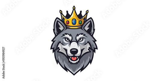 Headshot of a grey wolf with a golden crown, adorned with jewels, on white