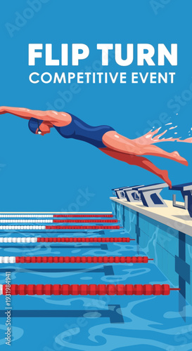 Dynamic Illustration of a Swimmer Performing a Flip Turn in a Competitive Swimming Event
