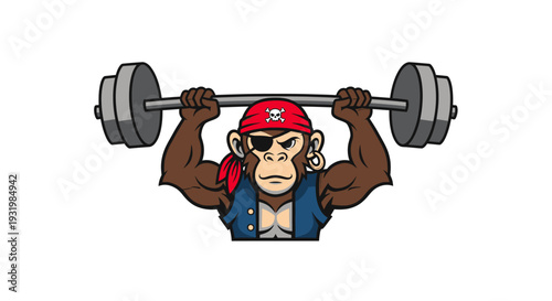 Cartoon pirate ape lifting weights. Red bandana, eye patch, earring, and vest