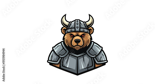 A stylized brown bear warrior with a horned helmet and armor against a white backdrop