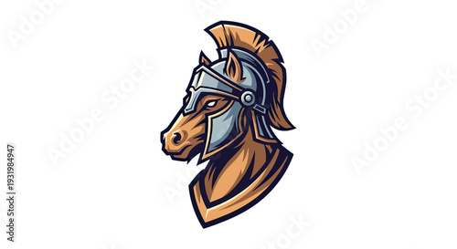 A stylized illustration of a horse head wearing a warrior helmet. Profile view, detailed