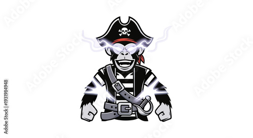 A grinning ape pirate with energy emanating from eyes and body. Wearing a hat and belt