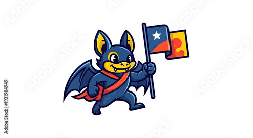 Cheerful cartoon bat mascot, holding flags with color patterns, on a white background
