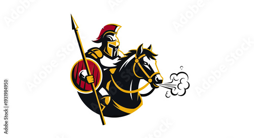 A stylized illustration of a warrior on horseback, with spear and shield, and vapor