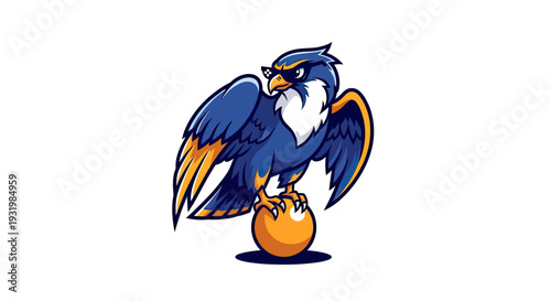 Cartoon falcon with sunglasses perched on a ball, blue and gold colors, white background