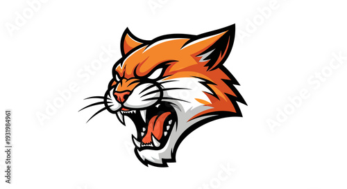 An angry, snarling feline head with orange and white fur, black outlines, and a fierce expression