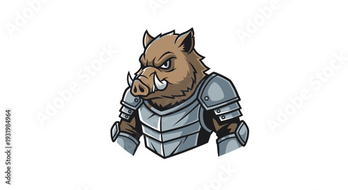 A fierce cartoon boar wearing medieval armor, ready for combat with determined expression