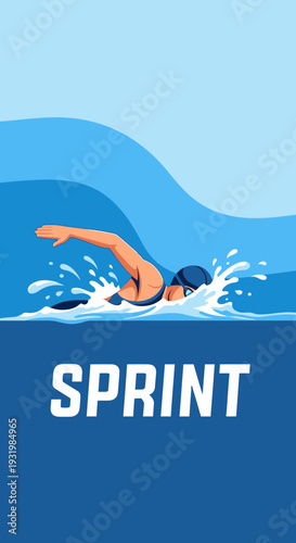Dynamic Illustration of a Swimmer Performing a Freestyle Stroke in a Vibrant Aquatic Setting