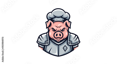 Cartoon pig in chef hat and armor, determined expression, isolated on white