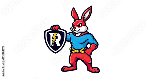 A heroic red rabbit mascot with a shield featuring a lightning bolt. Cartoonish design
