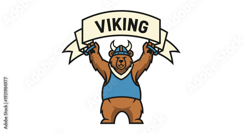 Cartoon bear dressed as a Viking, holding up a banner that reads "VIKING