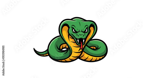 A stylized cobra in green and yellow, coiled and poised, ready to strike, with a red tongue
