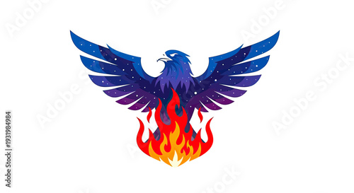 Stylized phoenix graphic, wings spread, in front of flames, with starry detail