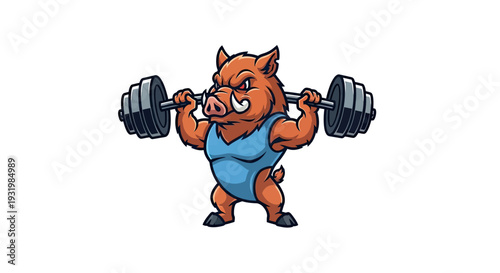 A fierce wild boar lifts a barbell, wearing a blue tank top, strong and determined