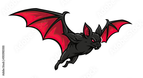 A stylized illustration of a black bat in flight with red wings against a white background