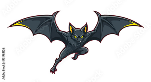 A cartoon-style depiction of a bat with outstretched wings in a dynamic, forward pose