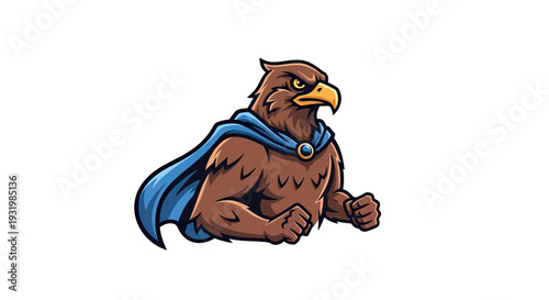 Brown eagle character wearing a blue cape, with an angry expression, ready for action