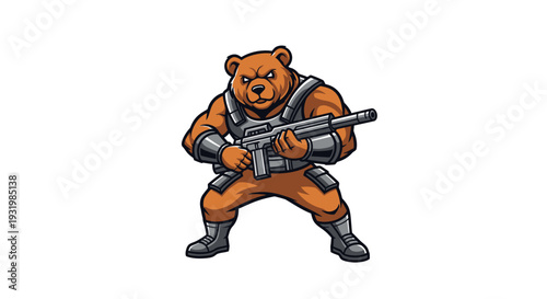 A brown bear in tactical gear aiming a weapon, digital illustration style on white background