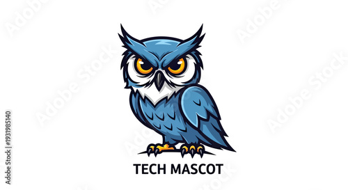 A stylized blue owl illustration with intense gaze and text "TECH MASCOT" on a white background
