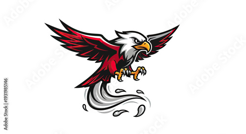 A stylized eagle illustration with vibrant red and black wings, a focused expression, and a vapor trail