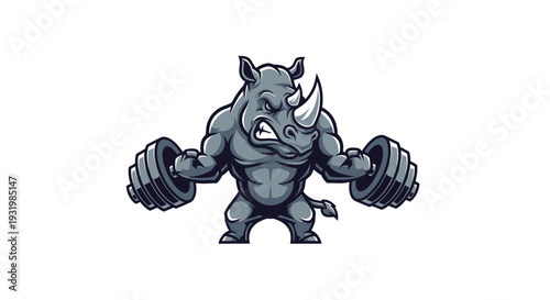 Vector illustration of a muscular rhino lifting dumbbells, aggressive pose, cartoon style