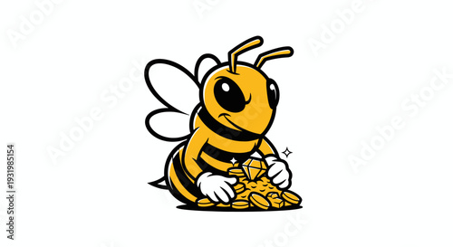 Cartoon bee with coins and a diamond, holding a treasure on a white background