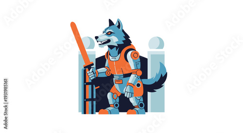 A robotic wolf warrior holds a sword with a futuristic style