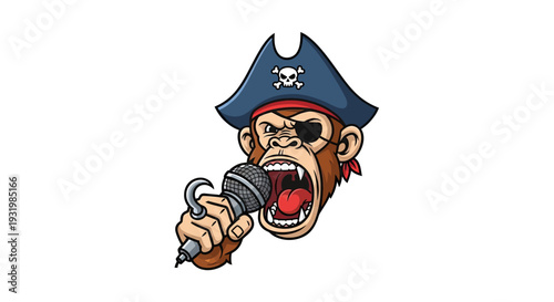 A cartoon chimpanzee wearing a pirate hat and eyepatch, screaming into a microphone