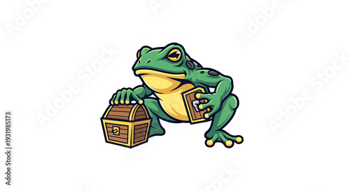 Green cartoon frog guarding a treasure chest and a card, on a white background