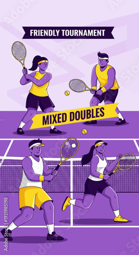 Dynamic Illustration of Friendly Mixed Doubles Tennis Tournament Players in Action for Advertisement