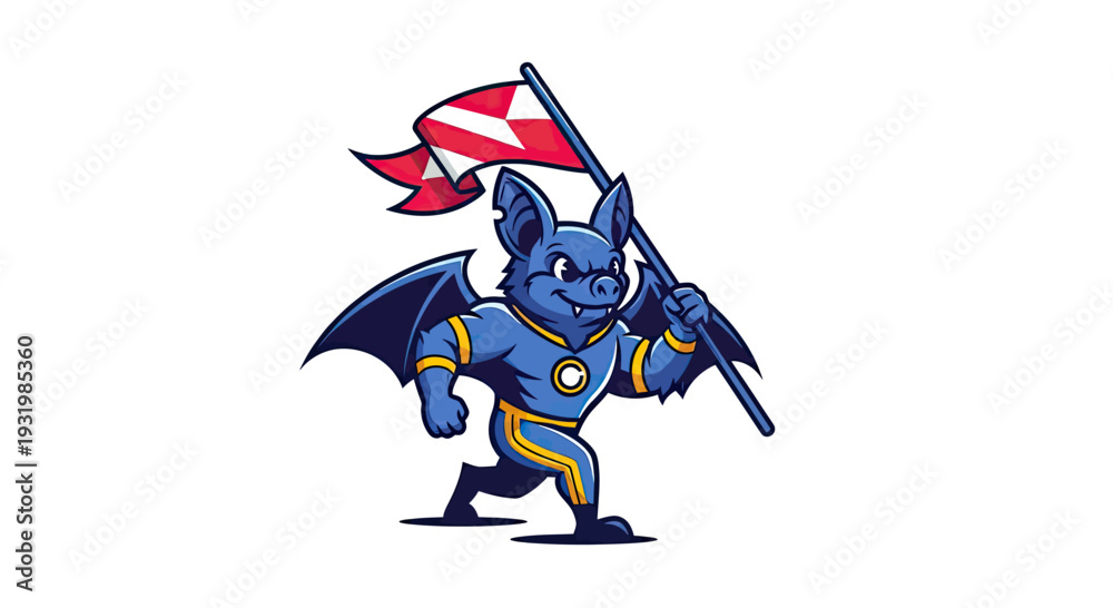 Naklejka premium A cartoon bat mascot charges forward with a flag, wearing athletic gear and a happy expression