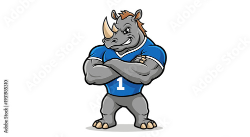 Muscular rhino mascot wearing a blue jersey with the number 1, arms crossed, and a confident smirk
